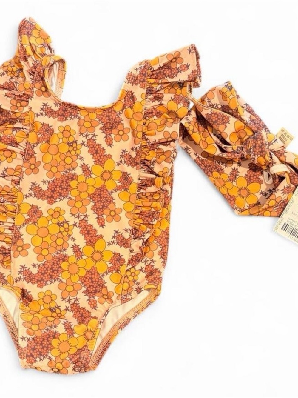 Kate Quinn Yellow & Brown Floral Flutter Sleeve One Piece Swimsuit | Size 6-12m